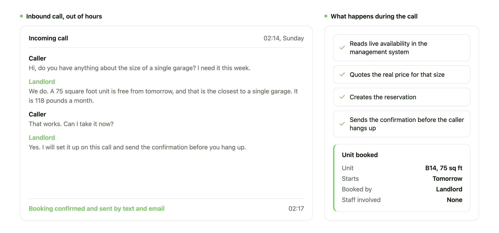 AI answering service booking a self storage unit during a phone call